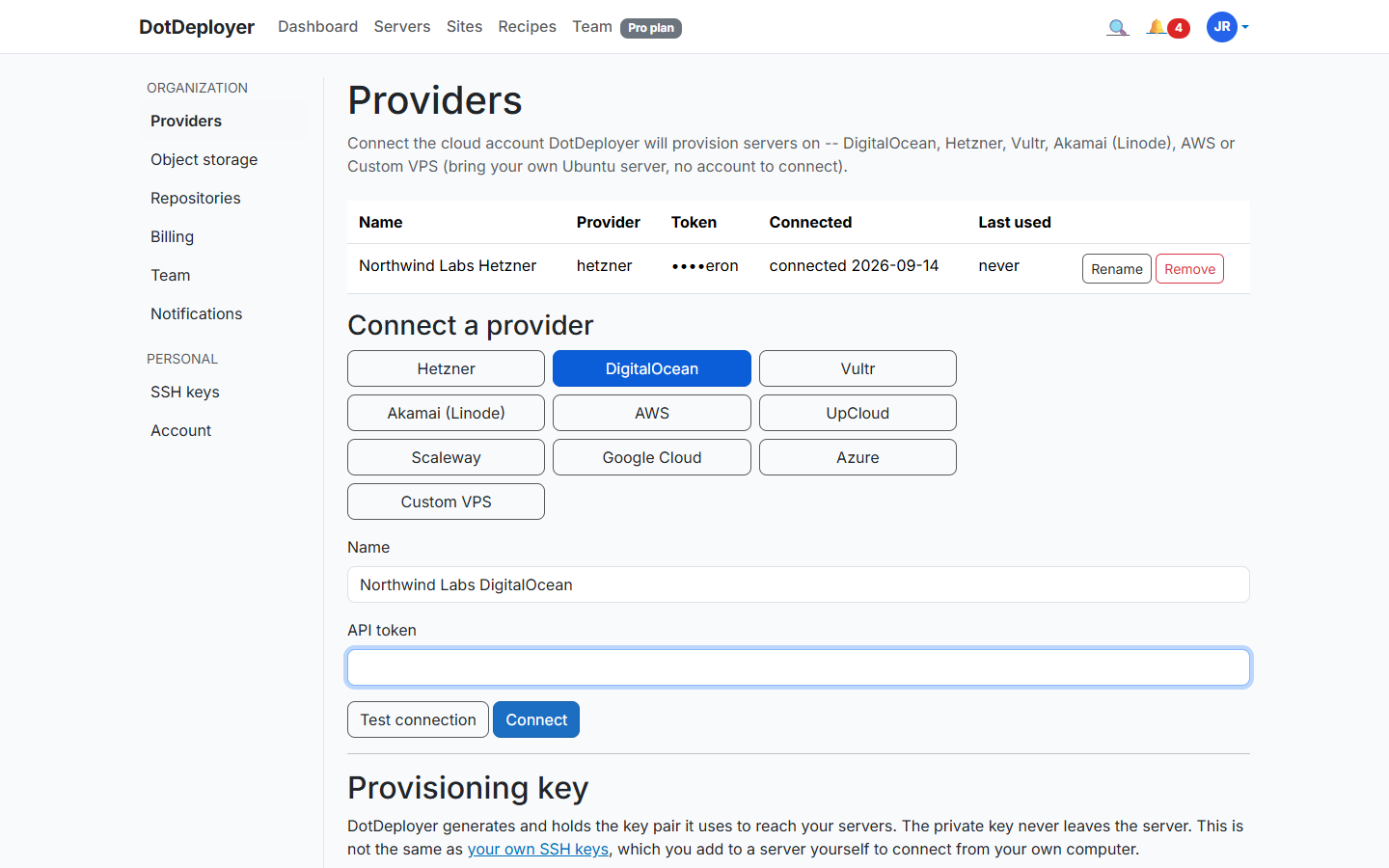 The DotDeployer Settings → Providers screen with Akamai (Linode) connected